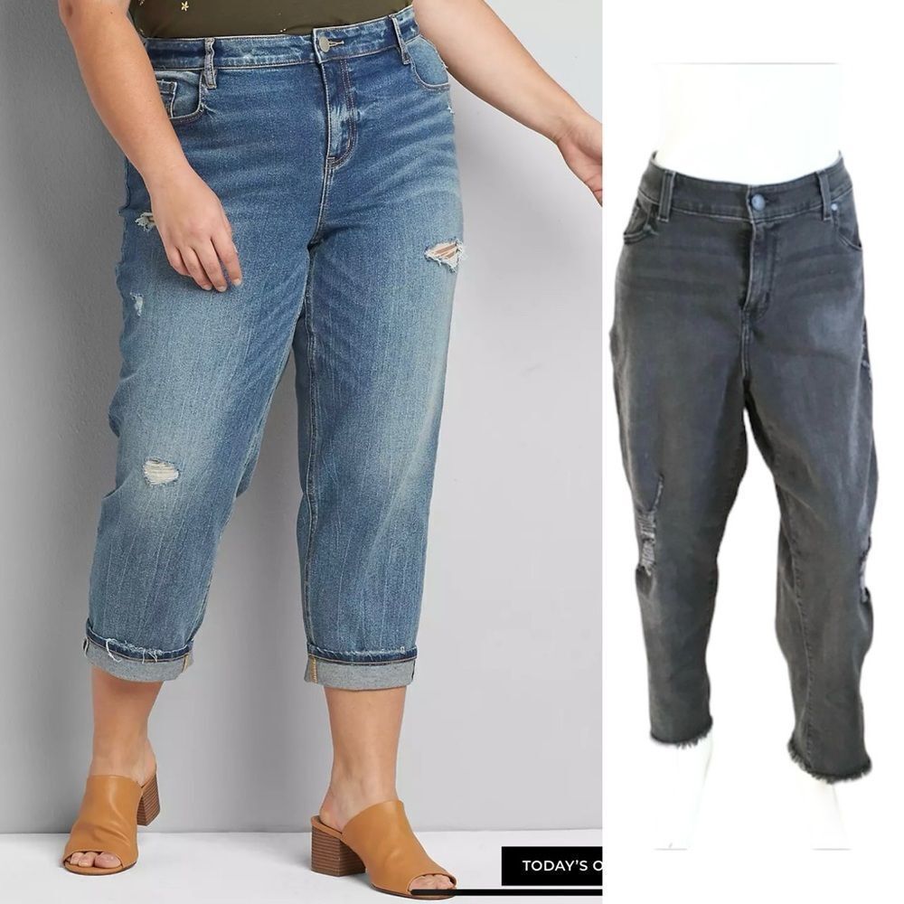 Lane Bryant Girlfriend Straight Crop Distress  High Rise Black Raw Hem Jeans 18R